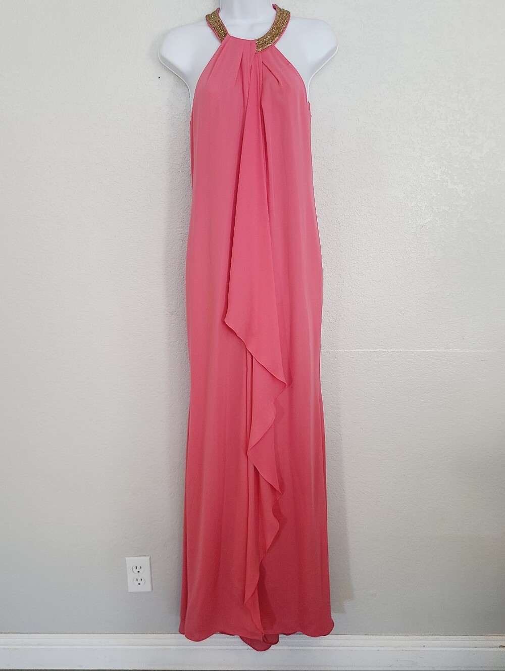Calvin Klein Pink With Gold Beaded Halter Coller Draped Long Gown Maxi Dress
